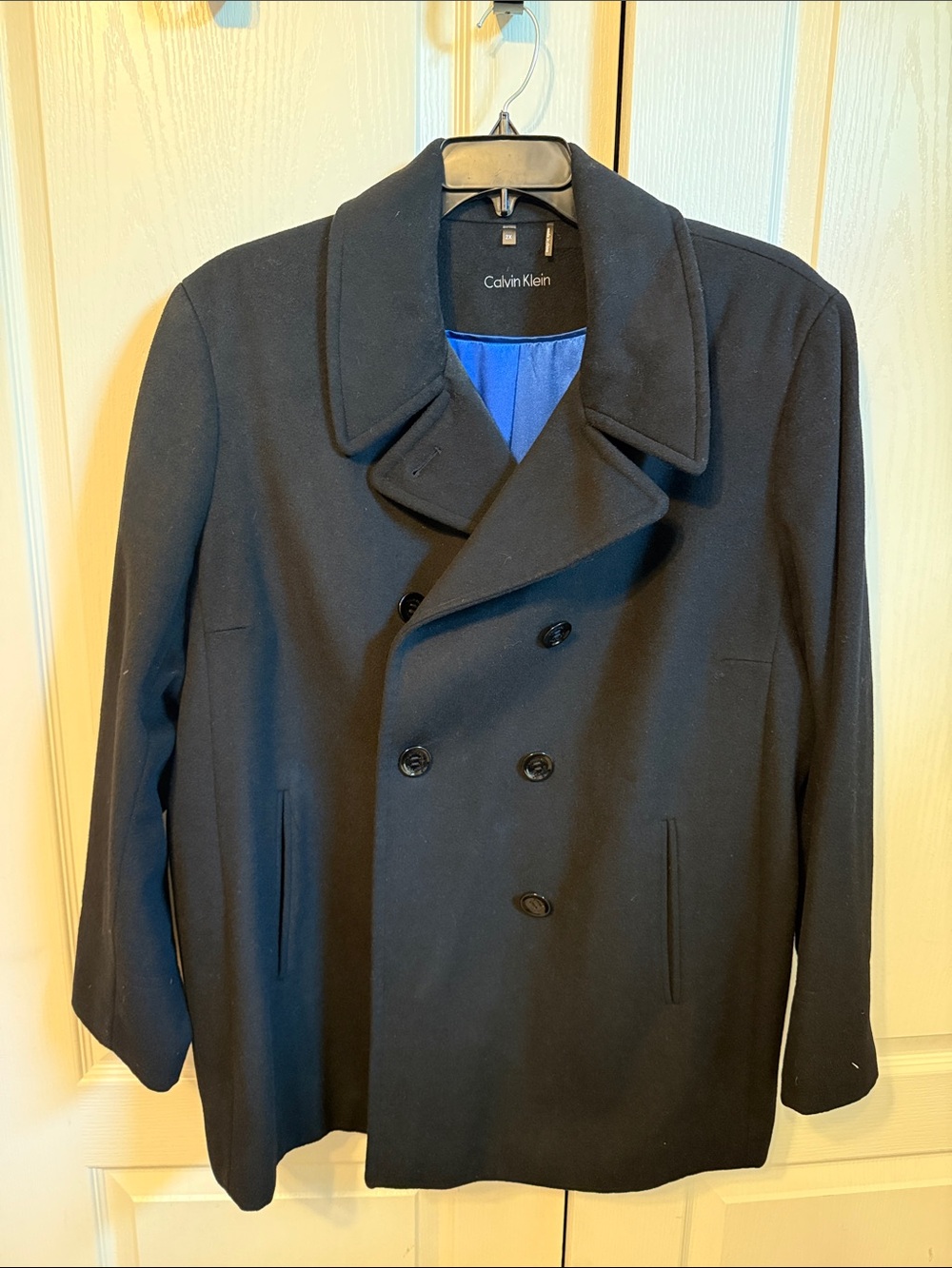 Calvin Klein Black Double-Breasted Pea Coat with Blue Lining